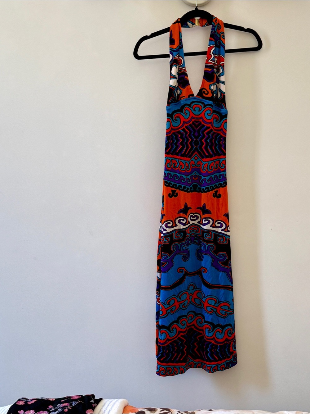 Vintage Orange & Blue Italian Halter Maxi Dress 1970s size small